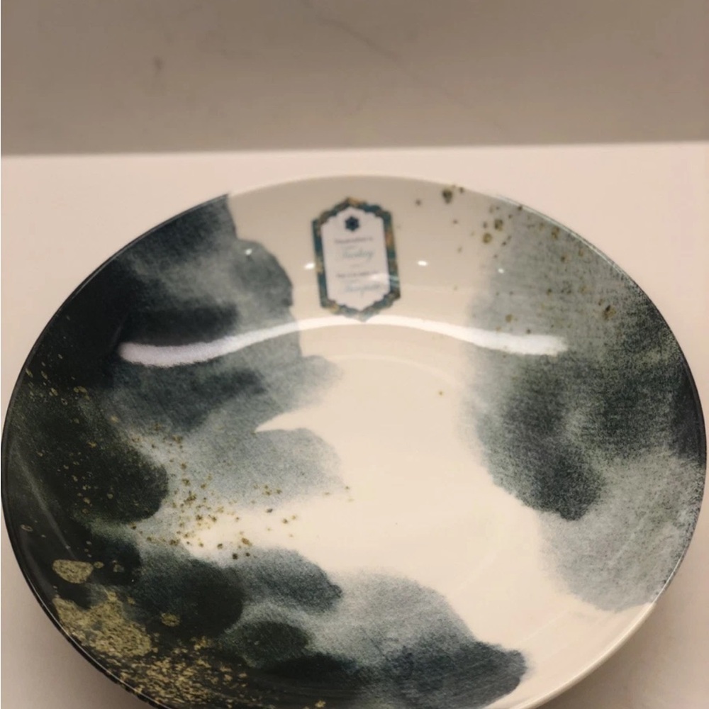 Set of 2 Intesa  Blues, Greens, Gold Abstract Design 9.5" Pasta/Dessert Bowls